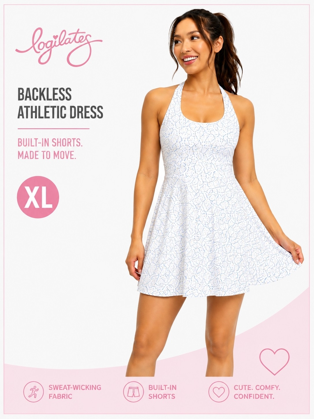 White Backless Athletic Dress with Built-In Shorts